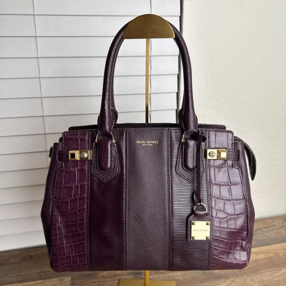 Henri Bendel Leather Patchwork Satchel Burgundy Croc Embossed Limited Edition